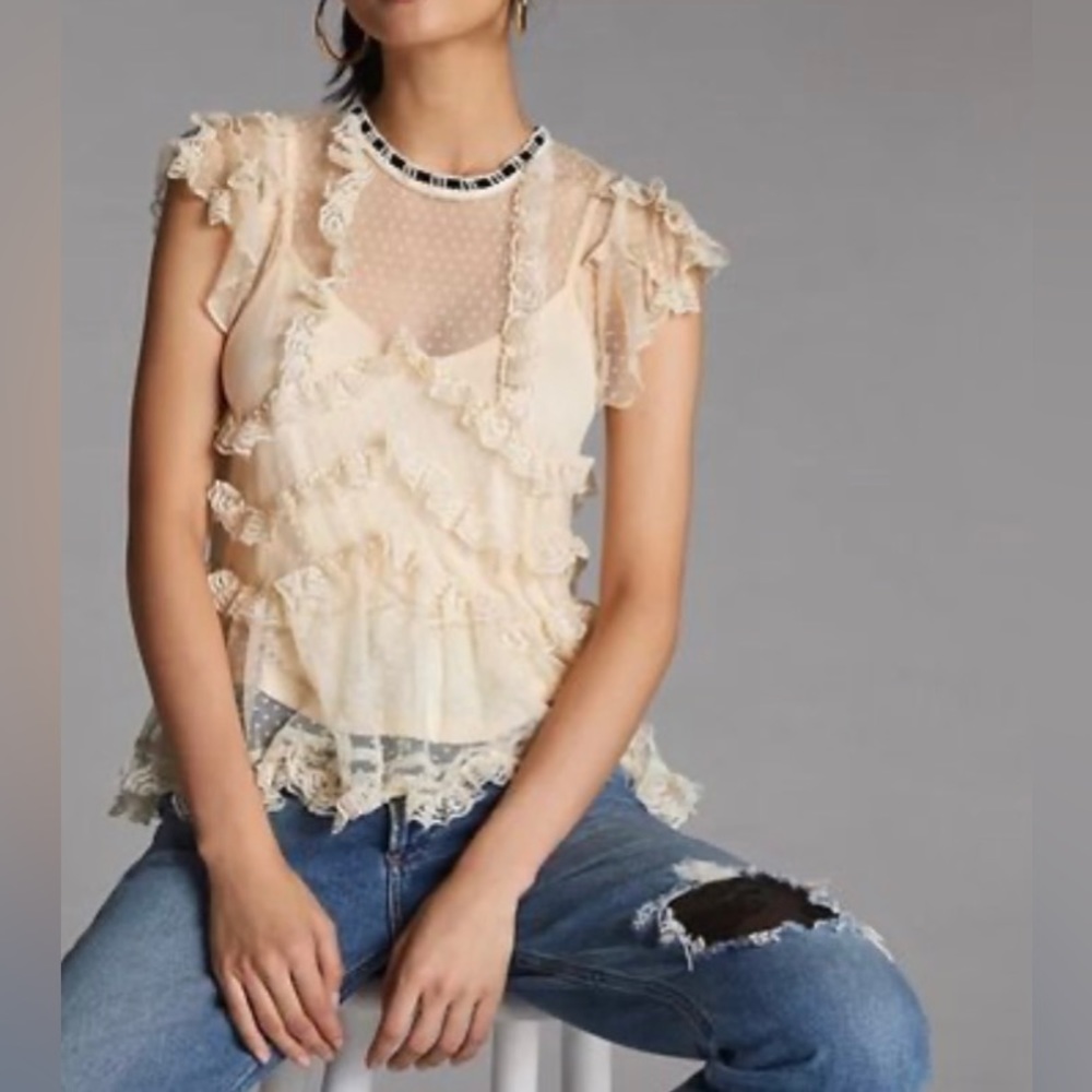 NEW ANTHROPOLOGIE FOREVER THAT GIRL LACE VICTORIAN RUFFLED TIERED BLOUSE TOP, XS